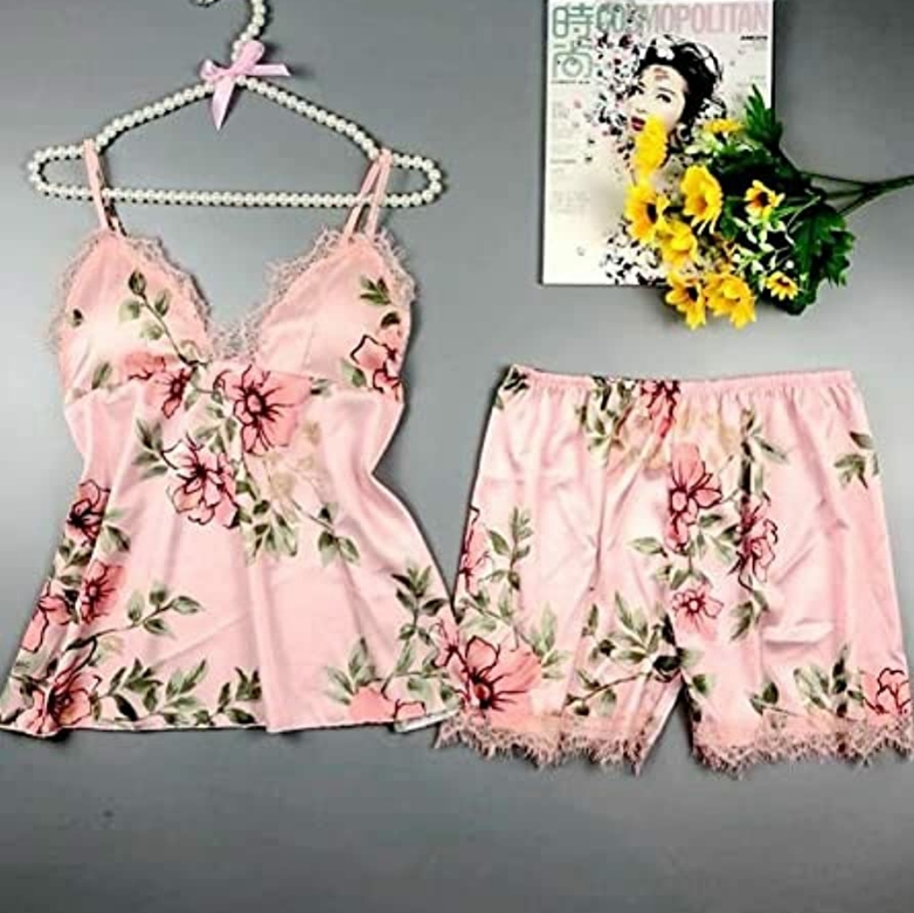 SHBVMPO WOMENS FLORAL SILK PAJAMA SET